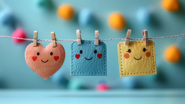 childrens day greetings, colorful cards with kids heartfelt notes hanging on a string for international childrens day, set against a gradient backdrop