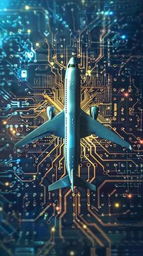 Illustration of an electric jet plane symbol overlaid on an electronic mainboard background with AI emblem, representing AIdriven aviation innovation
