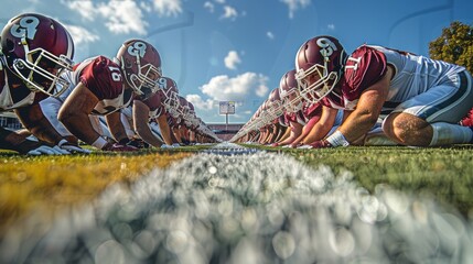 A line of scrimmage on a football field, the offensive and defensive line a facing each other, there is a football on the grass. Generative AI.