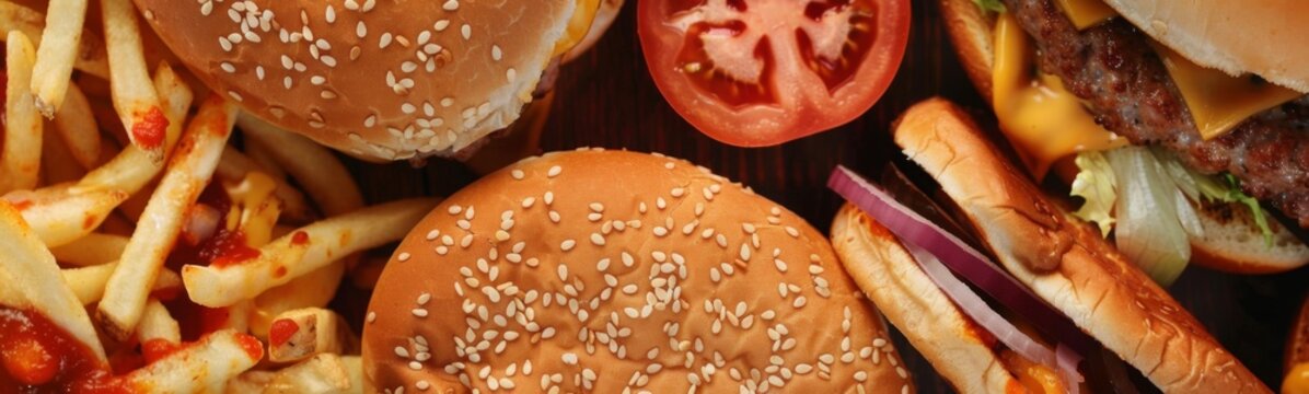 Many hamburgers and fries with tomatoes , fast food food product