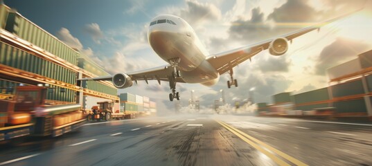 Dynamic Air Freight Advertisement Mockup Featuring a Plane Taking Off with Motion Blur - Ideal for Logistics and Transportation Promotions