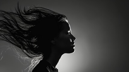 Artistic Black and White Silhouette of Woman's Profile with Hair Blowing in the Wind - Ideal for Personal Development and Empowerment Themes