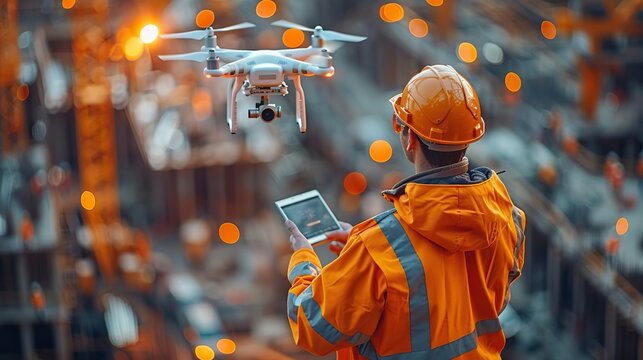 drone inspection operator inspecting construction site control by civil engineer with.illustration