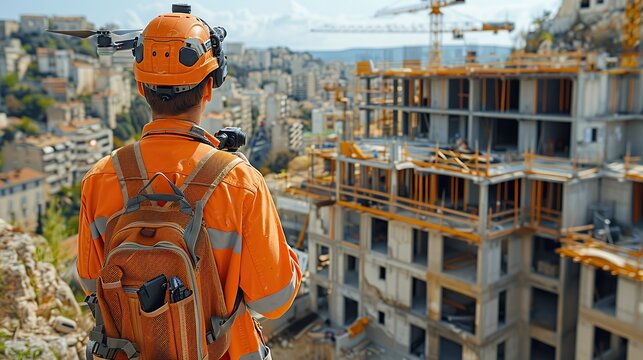 drone inspection operator inspecting construction site control by civil engineer with.illustration