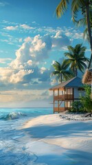 Hut on the beach with a thatched roof. Travel background 
