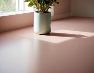 Minimalist Serenity: A Potted Plant and Wooden Bowl on a Wooden Shelf Against a Soft White Background