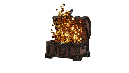 Open treasure chest box with flying gold coins old dirty metal edge side view 3D rendering