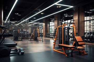 Stylish gym interior showcasing various exercise machines and weights under cool lighting