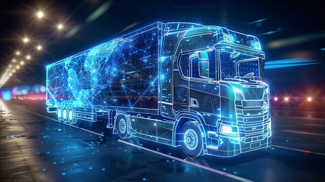 Industrial truck, blue light, 3d wireframe, blue glow lines, black background, blue line. Generative AI.