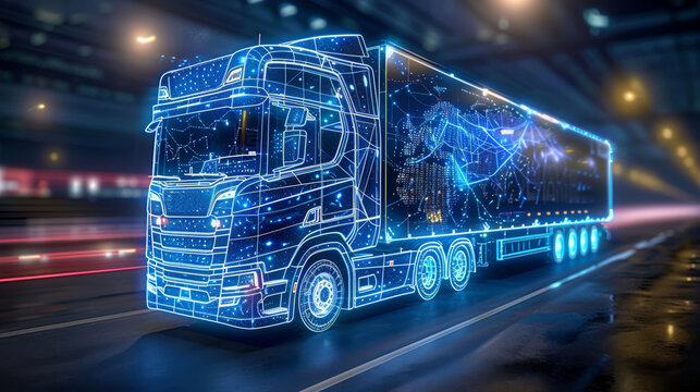 Industrial truck, blue light, 3d wireframe, blue glow lines, black background, blue line. Generative AI. - Powered by Adobe