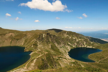 Spectacular view onto the Eye, Okoto Lake and Kidney, Babreka Lake with their deep blue water, two of the Seven Rila Lakes, situated on a plateau in the Rila National Park, close to Sofia, Bulgaria