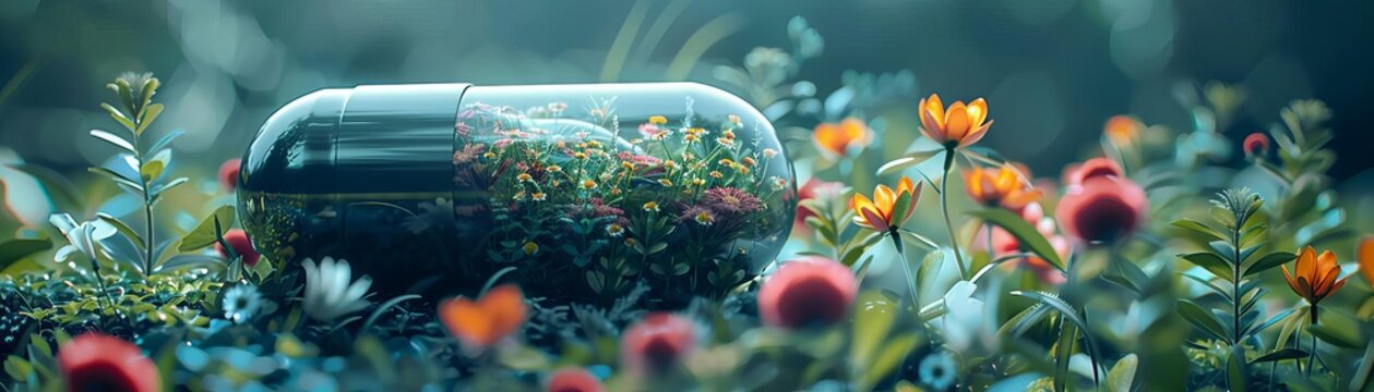 A close-up of a futuristic glass capsule surrounded by vibrant flowers and foliage, blending nature and technology in a serene atmosphere.