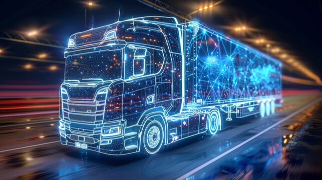 Industrial truck, blue light, 3d wireframe, blue glow lines, black background, blue line. Generative AI.