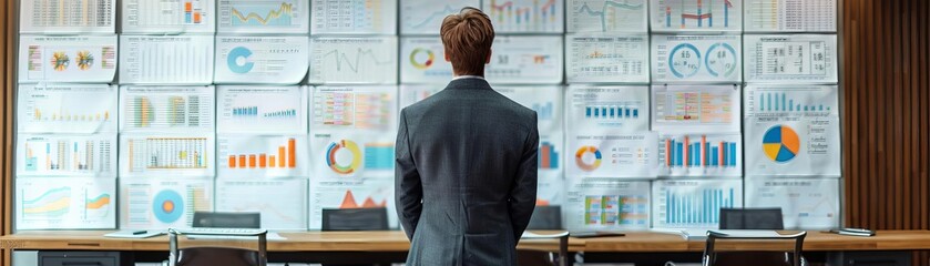 An analyst standing before a whiteboard full of financial diagrams in a private equity firm, front view, emphasizing strategic planning, advanced tone, colored pastel