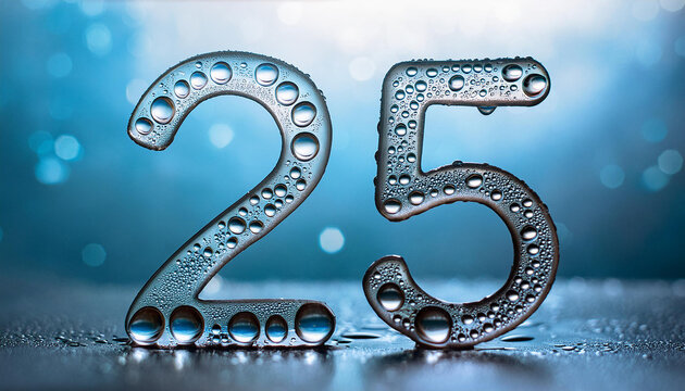 Abstract number twenty five, futuristic glossy 25 symbol, water droplets. Neon colors. 3D rendering