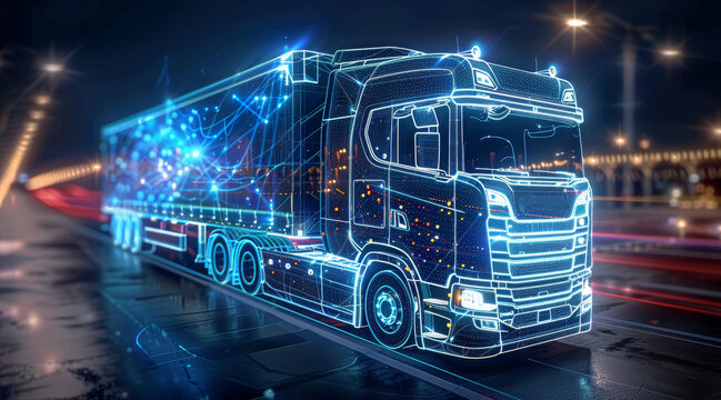 Industrial truck, blue light, 3d wireframe, blue glow lines, black background, blue line. Generative AI.