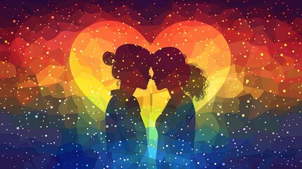 Love is Love - Gay Couple Sharing a Romantic Moment with Vibrant Rainbow Heart Background in Vector Design