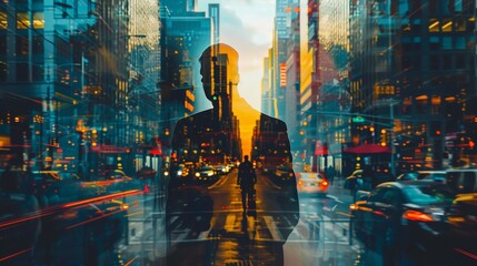 Businessman superimposed with a busy street, symbolizing the hustle and bustle of urban business life.