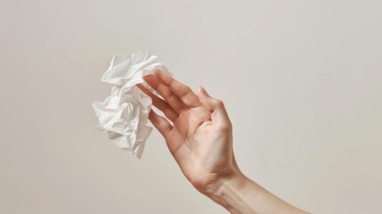 Photo of a person in distress with a crumpled tissue in their hand against a white backdrop
