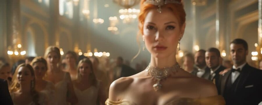 High quality anamorphic 4K AI-generated elegant portrait of redhead woman at formal evening event. Hyperrealistic shot with perfect golden lighting and sophisticated crowd background.