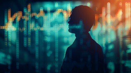 Fototapeta premium Businessmans silhouette merged with financial charts, representing economic insight and strategic planning.