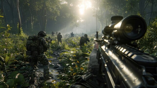 action shooter AAA videogame First person view photo of a shooter battlefield war game with soldiers