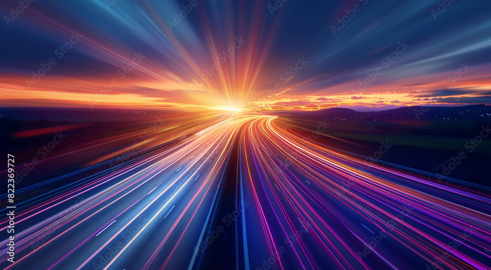 Poster A long exposure photo of light trails on the highway at sunset, with vibrant colors and motion blur creating an abstract and dynamic composition. Generative AI.