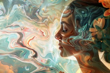Abstract Dreamy Spa Portrait - Woman's Sensory Journey with Calming Scents and Colors - Ideal for Wellness Posters, Prints