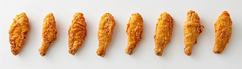 Photo of appetizing fried chicken tenders arranged in a row on a white backdrop