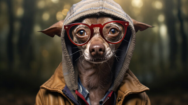 Little Sad Brown Chihuahua Dressed as a Hipster in a Hood with Red Glasses on a Forest Walk