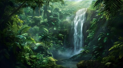 Cascading Waterfall Nestled in a Lush Green Tropical Rainforest Teeming with Verdant Foliage and Serene Ambiance