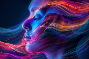 Vibrant Flowing Energy Lines Mapping Woman's Facial Contours - Symbolizing Rejuvenating Facial Massage Concept