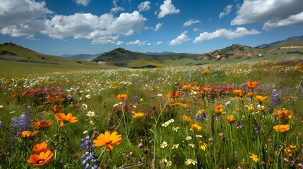 Fototapeta premium Serene Meadow of Vibrant Wildflowers with Rolling Hills in the Peaceful Countryside Landscape