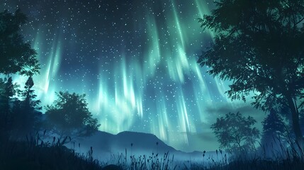 Ethereal Celestial Dance of Northern Lights Across Starry Night Sky in Serene Wilderness Landscape