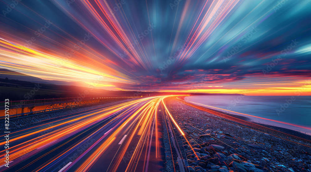 Poster A long exposure photo of light trails on the highway at sunset, with vibrant colors and motion blur creating an abstract and dynamic composition. Generative AI.