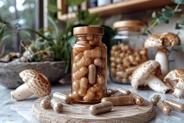 Mushroom capsules supplement for microdosing surrounded by natural elements and fresh mushrooms