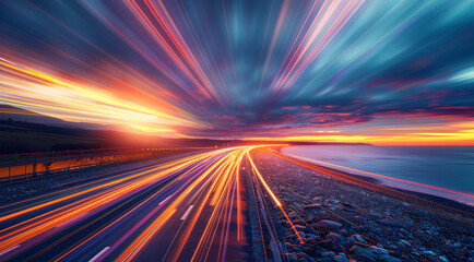 A long exposure photo of light trails on the highway at sunset, with vibrant colors and motion blur creating an abstract and dynamic composition. Generative AI.
