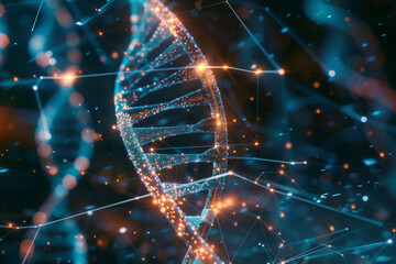 DNA Double Helix with Digital AI Elements. DNA double helix intertwined with digital AI elements, highlighting the role of artificial intelligence in genetic research and personalized medicine.