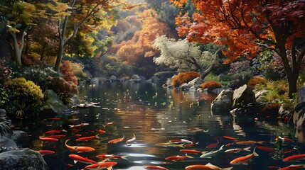 Autumnal Oasis Tranquil Koi Pond Amid Vibrant Japanese Maple Trees