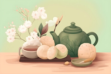 Green teapot with floral decoration and mochi sweets on light background