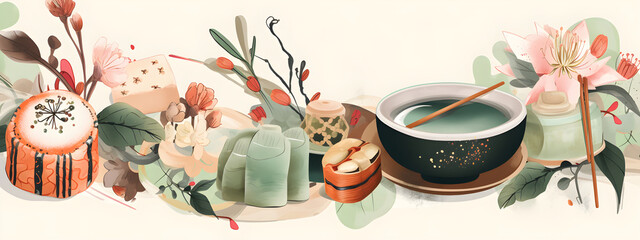 Traditional Asian desserts and tea with floral decorations, background