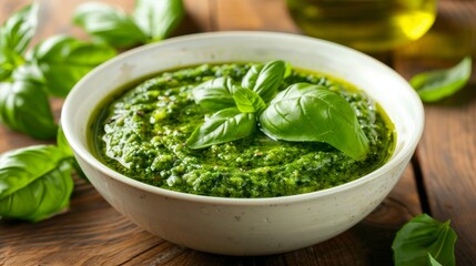Traditional italian sauce pesto with green basil in wooden bowl isolated on white background
