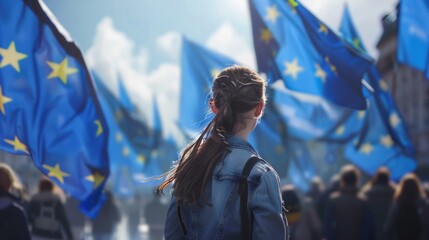 Crowd and supporters with European flags. The girl walks against the background of a blue flag.
