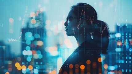 Double exposure of a female professional and stock market graphs, depicting financial expertise and investment savvy.