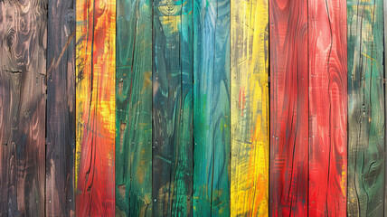 A wood wall painted in the colors of the Rasta flag