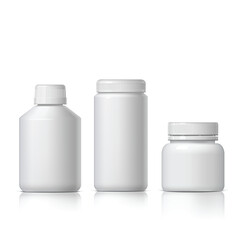 Cool Realistic White plastic bottle. Product Packing Cosmetic, medicine. Various fluids Vector Illustration