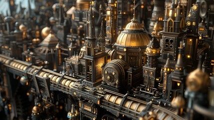 Intricate Steampunk Cityscape with Ornate Mechanical Details and Futuristic Fantasy Architectural Structures