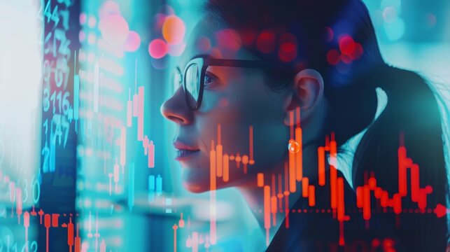 Double exposure of a female professional and stock market graphs, depicting financial expertise and investment savvy.