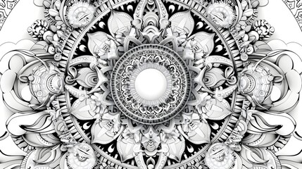 Intricate Mandala Design with Mesmerizing Symmetry and Ornate Patterns in Grayscale