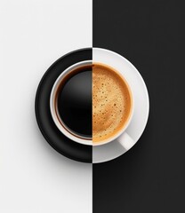 Creative Split View of Coffee Cup on Black and White Background. Generative ai